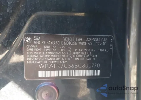 2011 BMW 535I z USA, uszkodzony, nr VIN WBAFR7C56BC800770